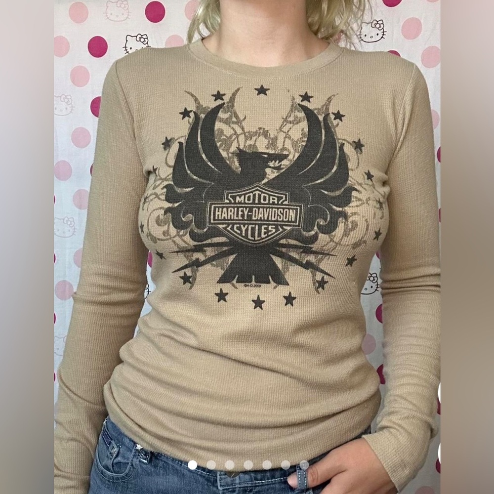 Harley Davidson Women's Tan and Black Thermal Top